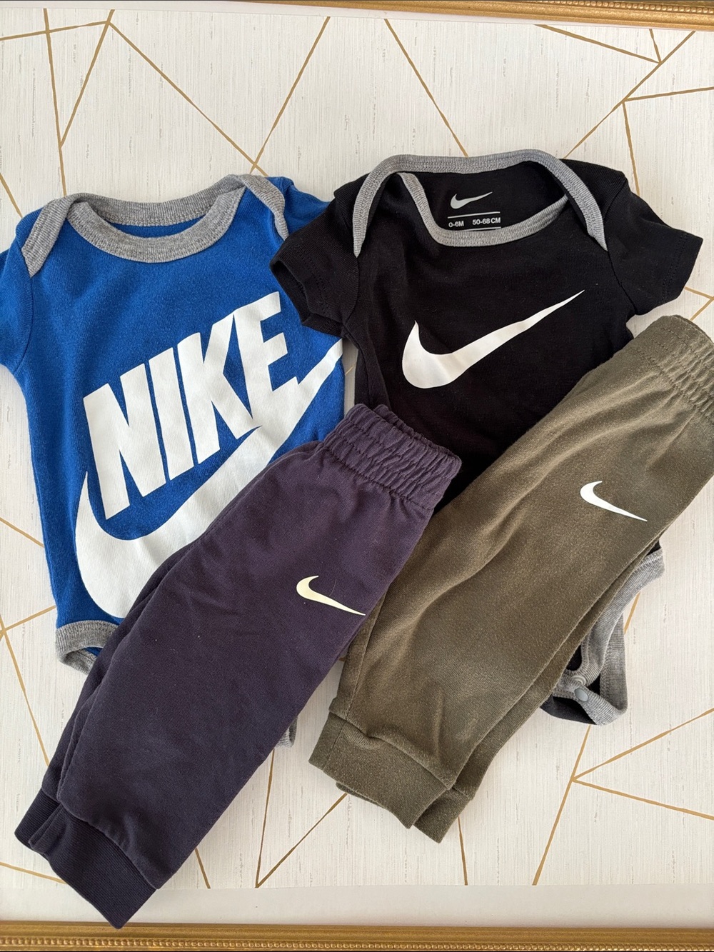 Nike Baby Bundle Blue, Black, Olive & Navy Sweatpants and Bodysuits Set